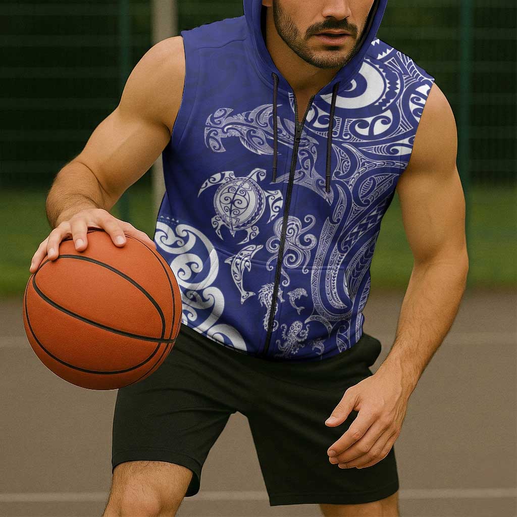 New Zealand Sea Animals with Maori Tribal Tattoo Sleeveless Zip Hoodie Blue Color LT03 - Polynesian Pride