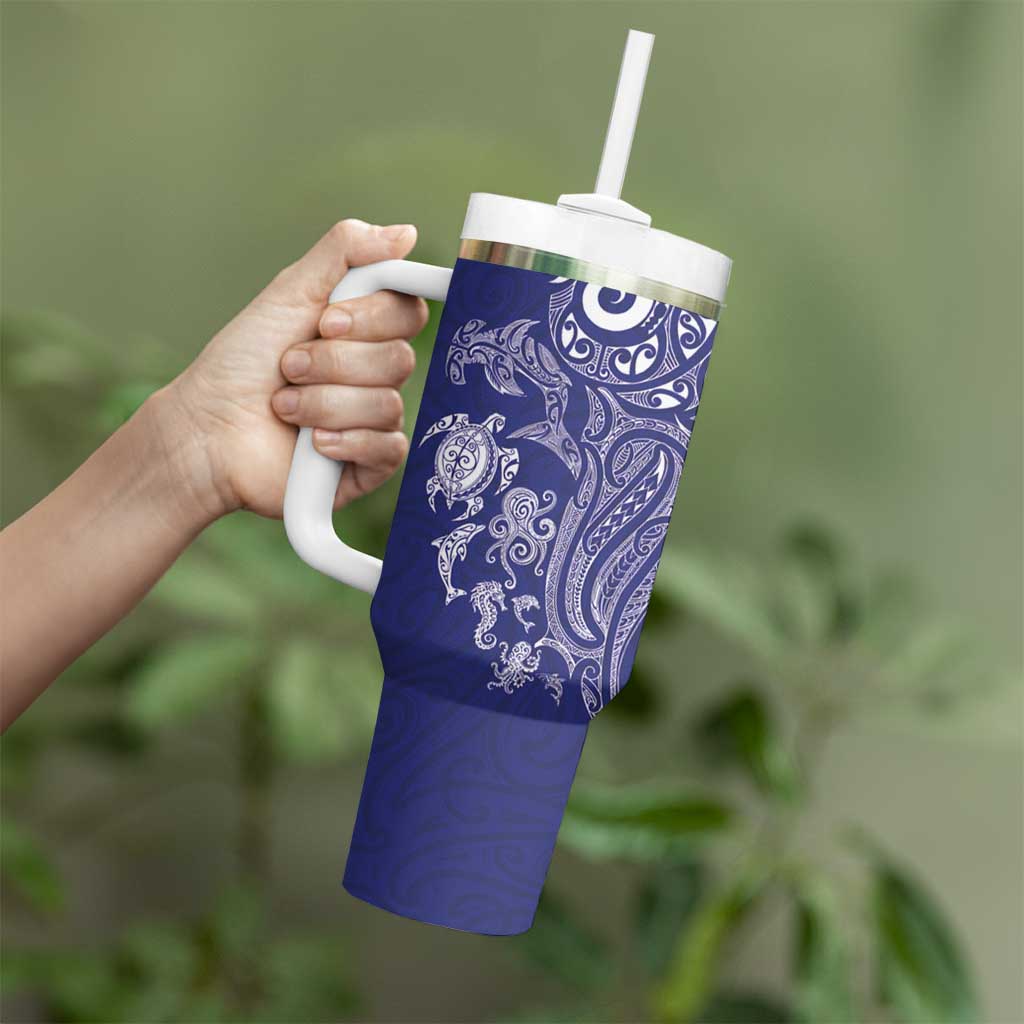 New Zealand Sea Animals with Maori Tribal Tattoo Tumbler With Handle Blue Color LT03 - Polynesian Pride