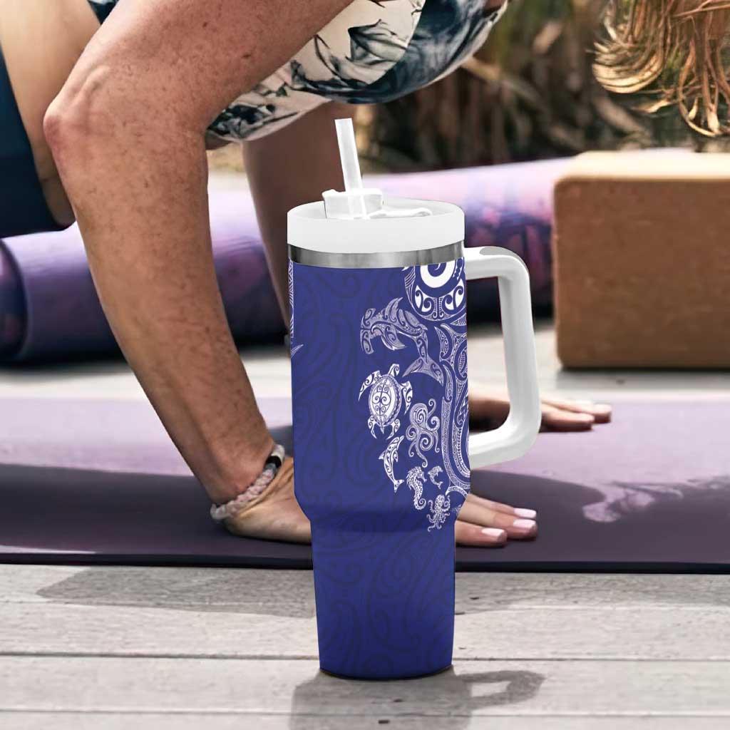 New Zealand Sea Animals with Maori Tribal Tattoo Tumbler With Handle Blue Color LT03 - Polynesian Pride