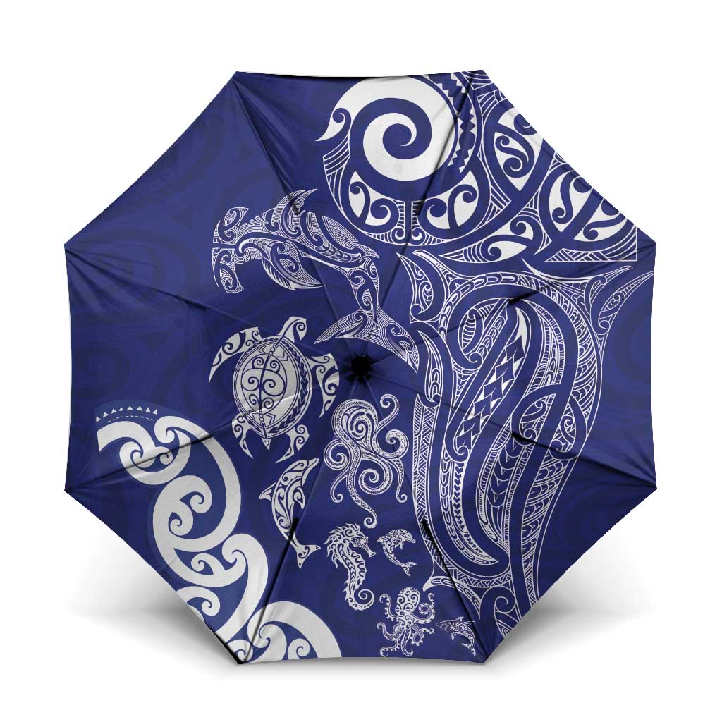 New Zealand Sea Animals with Maori Tribal Tattoo Umbrella Blue Color LT03 One Size Folded 11.42 inch Opened Diameter 37.4 inch Blue - Polynesian Pride