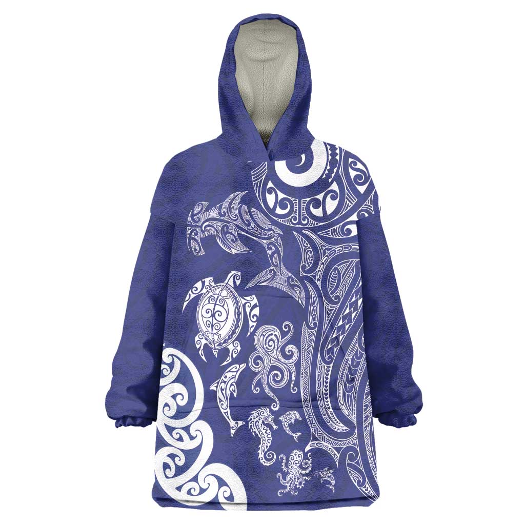 New Zealand Sea Animals with Maori Tribal Tattoo Wearable Blanket Hoodie Blue Color LT03 One Size Blue - Polynesian Pride