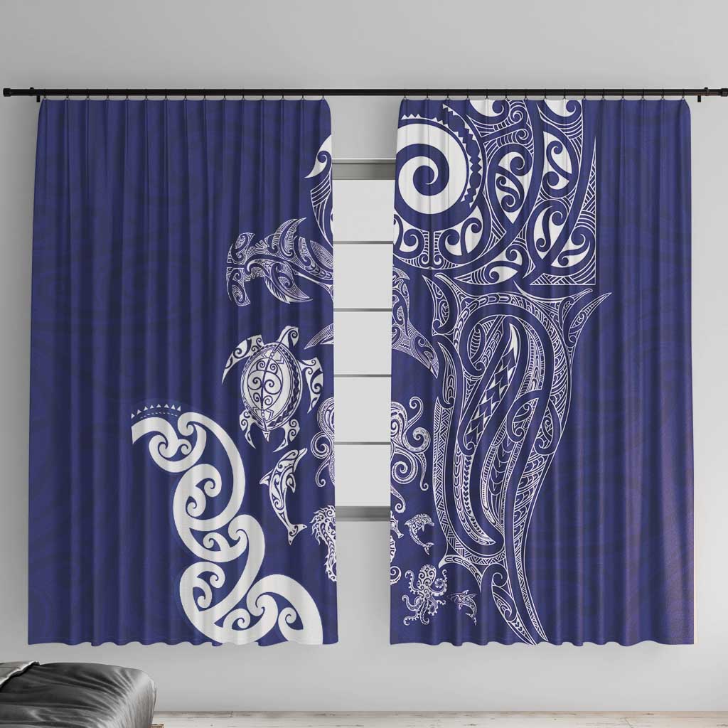 New Zealand Sea Animals with Maori Tribal Tattoo Window Curtain Blue Color LT03 With Hooks Blue - Polynesian Pride