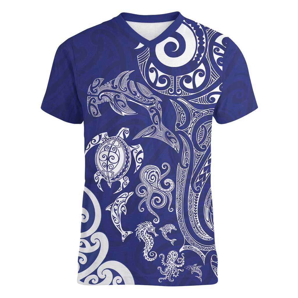 New Zealand Sea Animals with Maori Tribal Tattoo Women V-Neck T-Shirt Blue Color