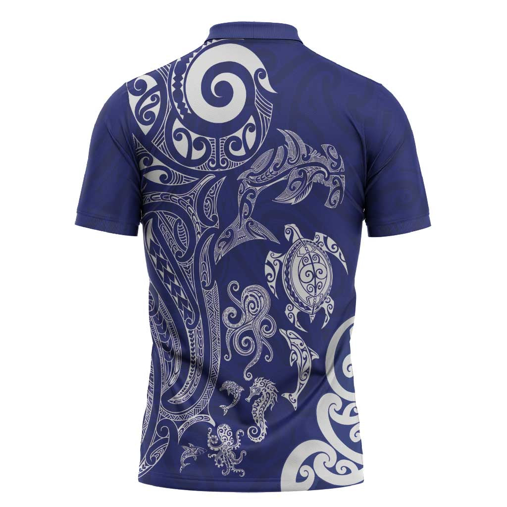 New Zealand Sea Animals with Maori Tribal Tattoo Zipper Polo Shirt Blue Color LT03 - Polynesian Pride
