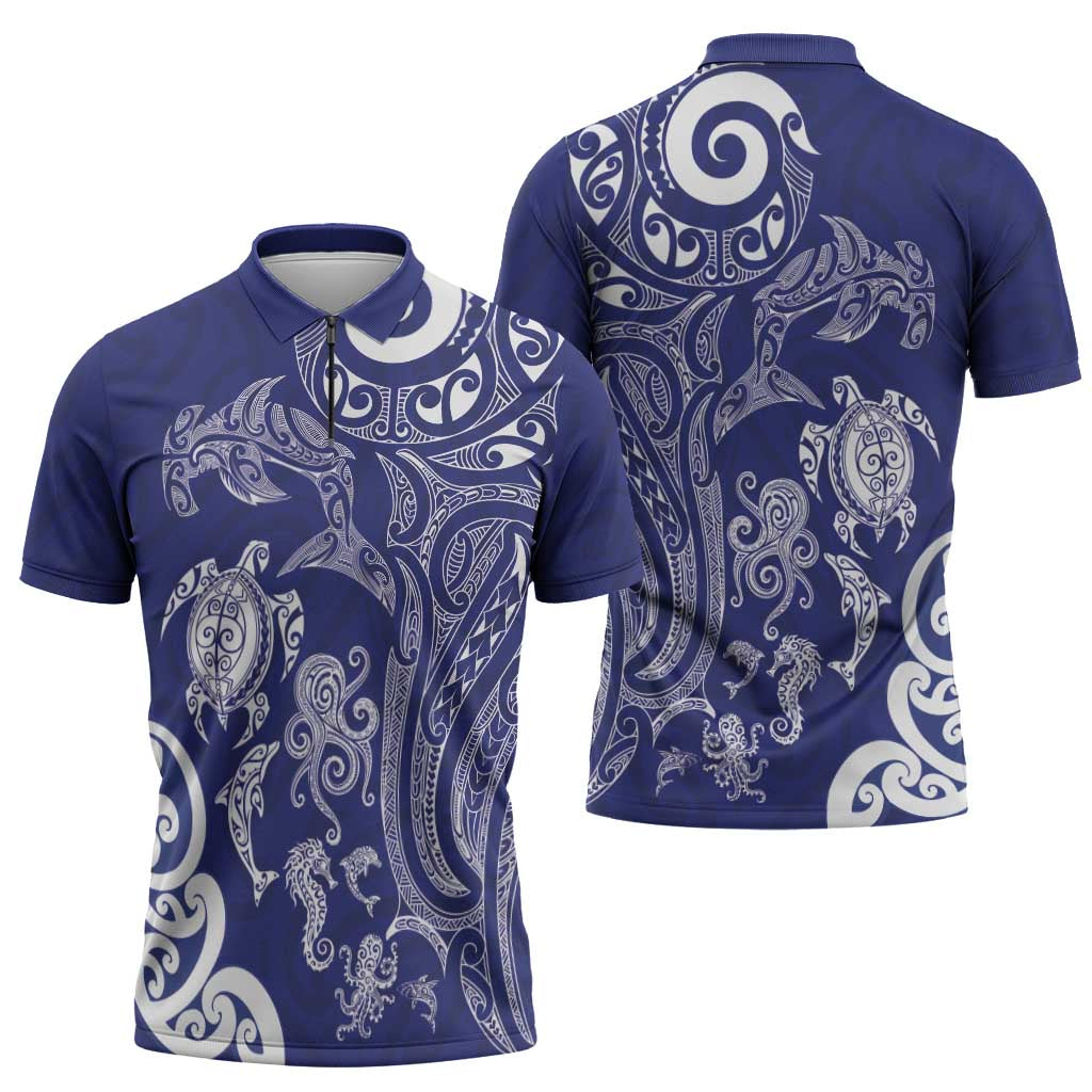 New Zealand Sea Animals with Maori Tribal Tattoo Zipper Polo Shirt Blue Color LT03 - Polynesian Pride