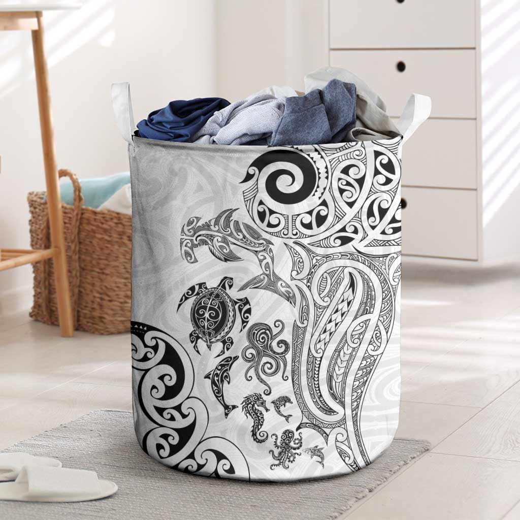 New Zealand Sea Animals with Maori Tribal Tattoo Laundry Basket White Color LT03 White - Polynesian Pride