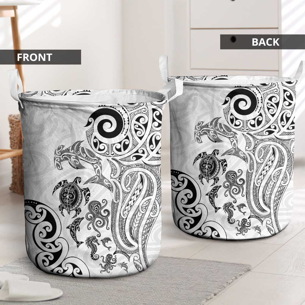 New Zealand Sea Animals with Maori Tribal Tattoo Laundry Basket White Color LT03 - Polynesian Pride