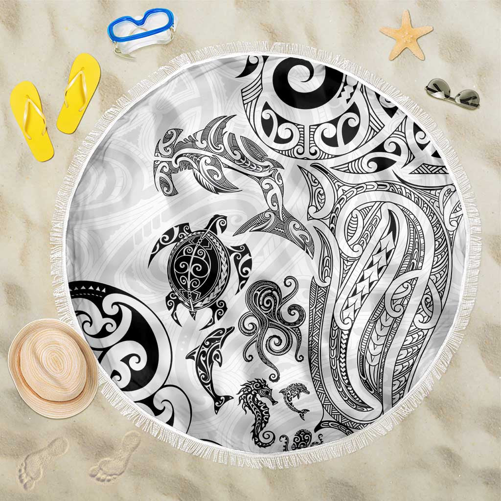 New Zealand Sea Animals with Maori Tribal Tattoo Beach Blanket White Color LT03 One Size 150cm White - Polynesian Pride
