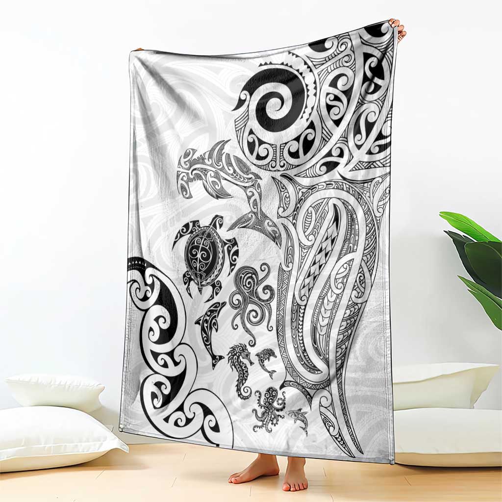 New Zealand Sea Animals with Maori Tribal Tattoo Blanket White Color LT03 - Polynesian Pride