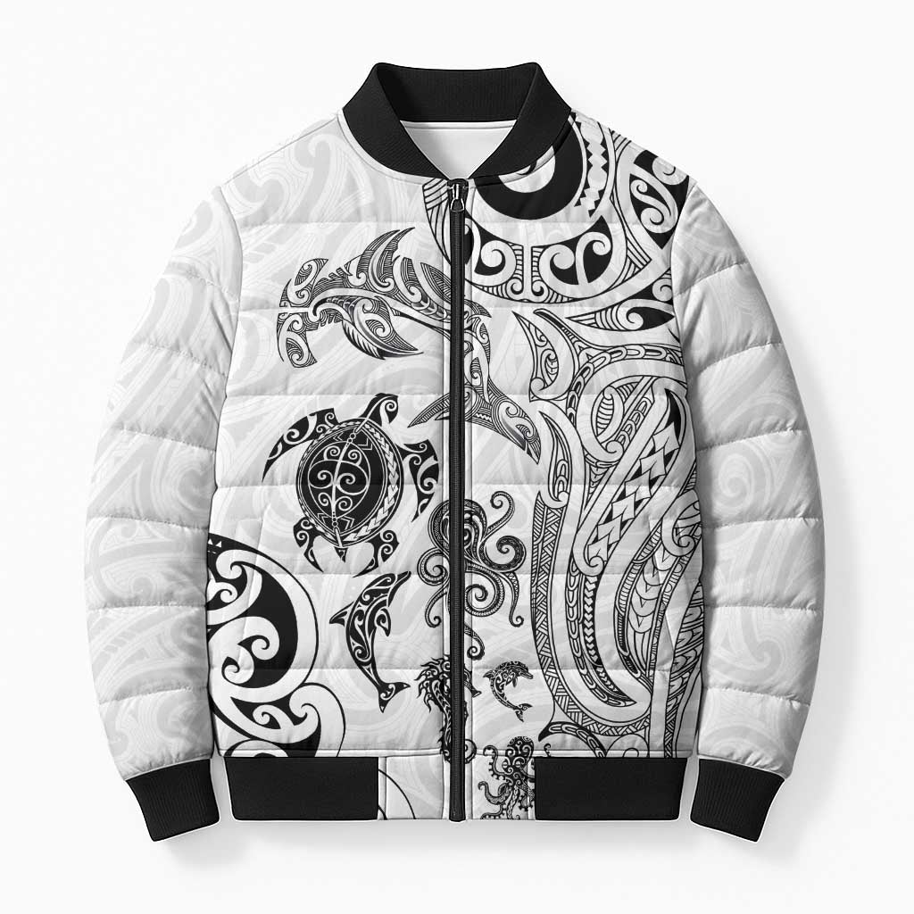 New Zealand Sea Animals with Maori Tribal Tattoo Bomber Puffer Jacket White Color LT03 Unisex White - Polynesian Pride