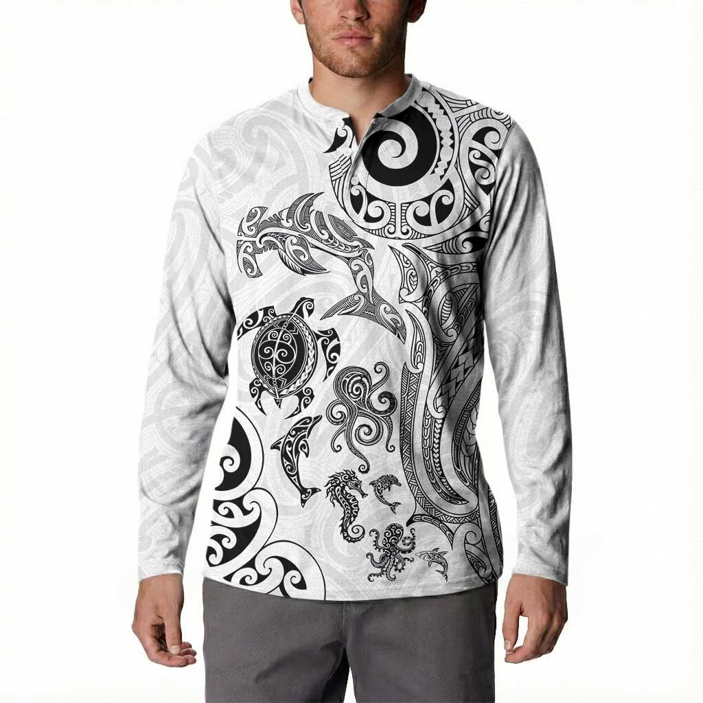 New Zealand Sea Animals with Maori Tribal Tattoo Button Sweatshirt White Color LT03 - Polynesian Pride