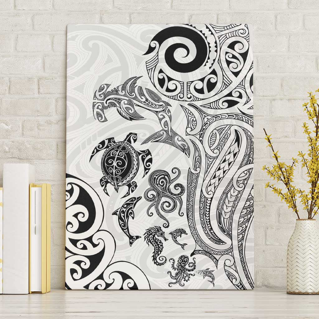 New Zealand Sea Animals with Maori Tribal Tattoo Canvas Wall Art White Color