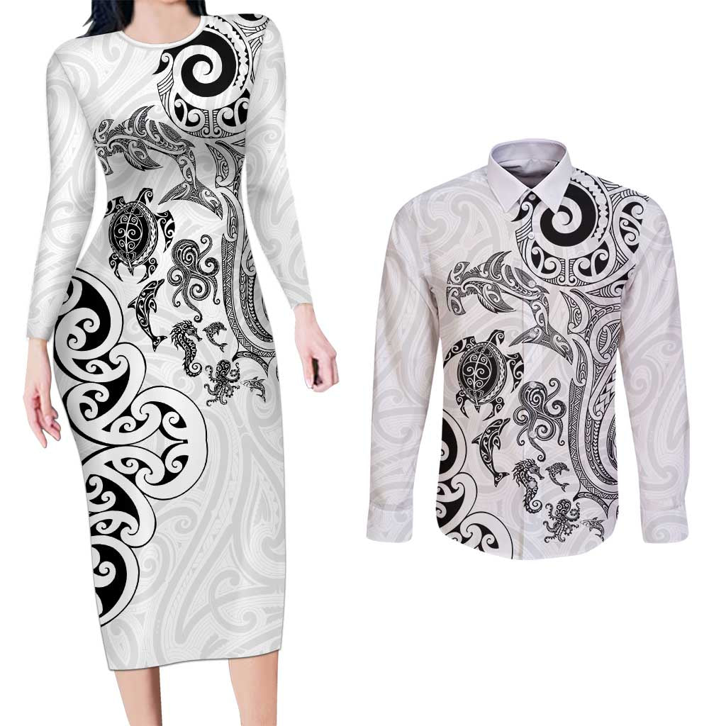 New Zealand Sea Animals with Maori Tribal Tattoo Couples Matching Long Sleeve Bodycon Dress and Long Sleeve Button Shirt White Color LT03 White - Polynesian Pride