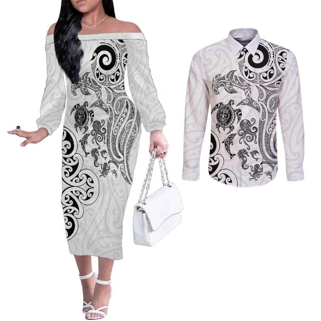 New Zealand Sea Animals with Maori Tribal Tattoo Couples Matching Off The Shoulder Long Sleeve Dress and Long Sleeve Button Shirt White Color LT03 White - Polynesian Pride