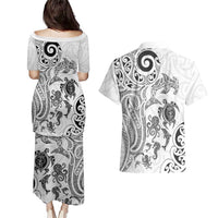 New Zealand Sea Animals with Maori Tribal Tattoo Couples Matching Puletasi and Hawaiian Shirt White Color LT03 - Polynesian Pride
