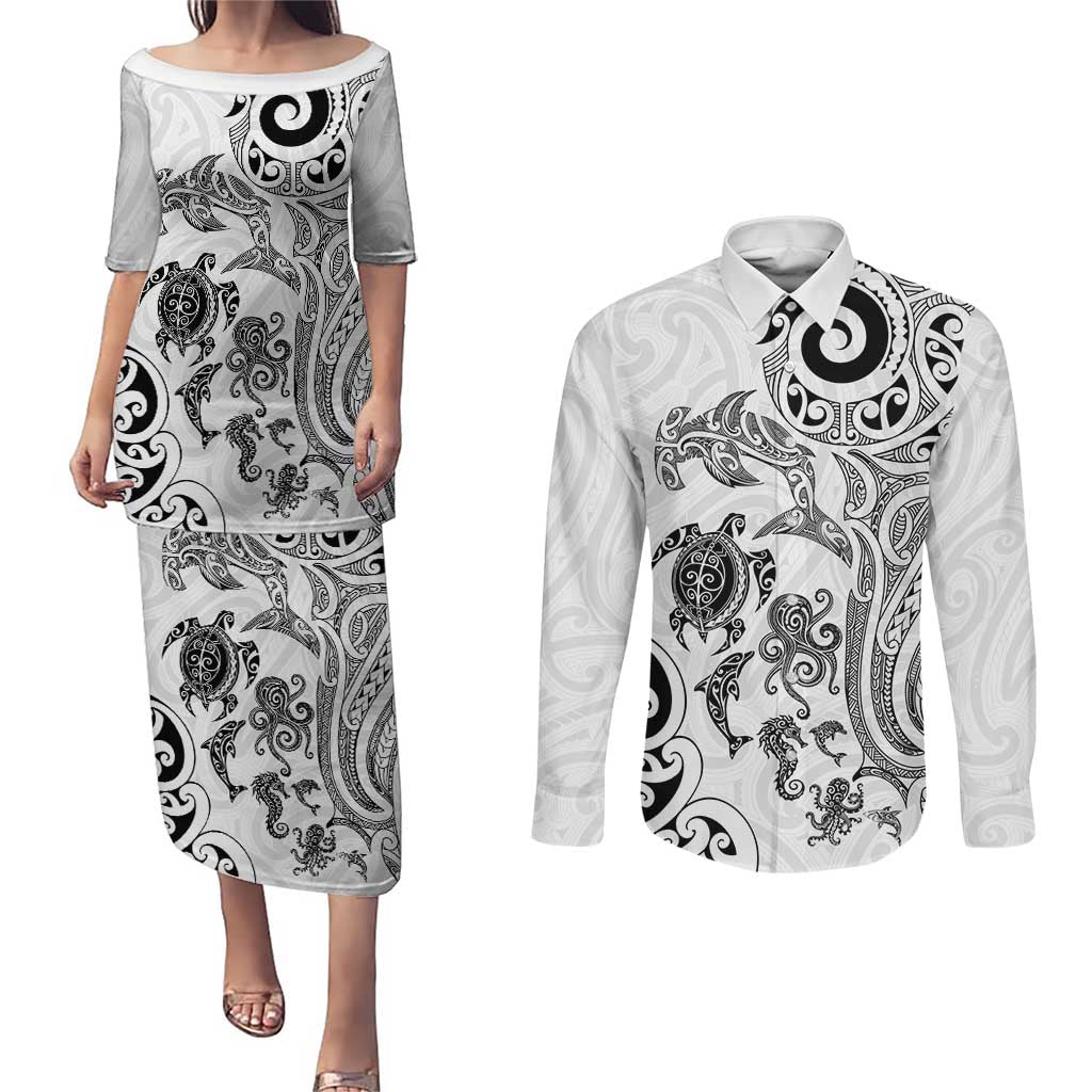 New Zealand Sea Animals with Maori Tribal Tattoo Couples Matching Puletasi and Long Sleeve Button Shirt White Color LT03 White - Polynesian Pride