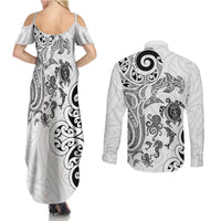 New Zealand Sea Animals with Maori Tribal Tattoo Couples Matching Summer Maxi Dress and Long Sleeve Button Shirt White Color LT03 - Polynesian Pride