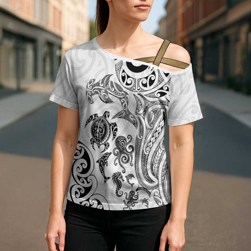 New Zealand Sea Animals with Maori Tribal Tattoo Cross Shoulder Shirt White Color LT03 - Polynesian Pride