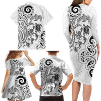 New Zealand Sea Animals with Maori Tribal Tattoo Family Matching Long Sleeve Bodycon Dress and Hawaiian Shirt White Color LT03 - Polynesian Pride