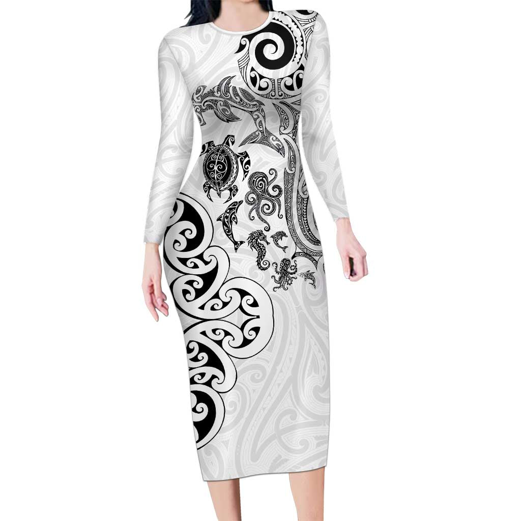 New Zealand Sea Animals with Maori Tribal Tattoo Family Matching Long Sleeve Bodycon Dress and Hawaiian Shirt White Color LT03 Mom's Dress White - Polynesian Pride