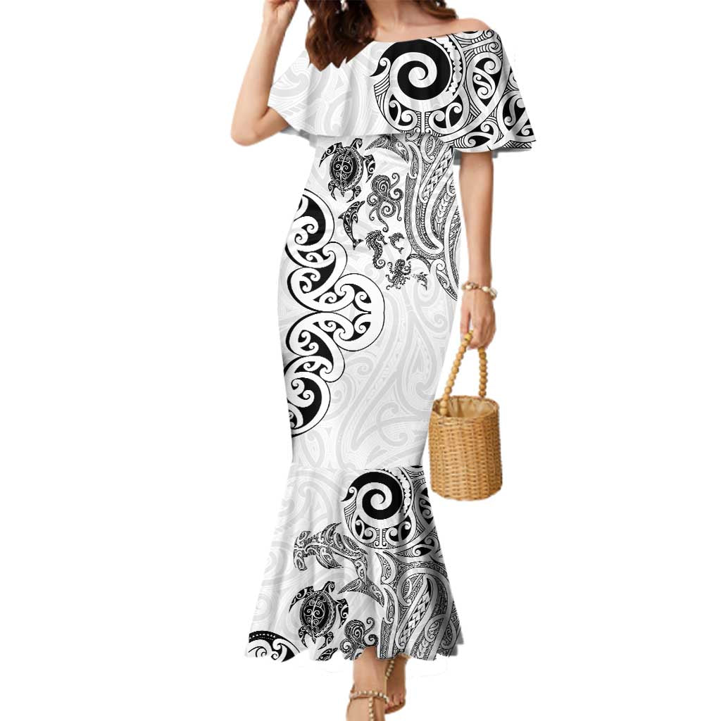 New Zealand Sea Animals with Maori Tribal Tattoo Family Matching Mermaid Dress and Hawaiian Shirt White Color LT03 Mom's Dress White - Polynesian Pride