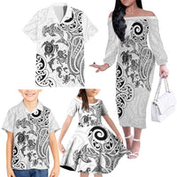 New Zealand Sea Animals with Maori Tribal Tattoo Family Matching Off The Shoulder Long Sleeve Dress and Hawaiian Shirt White Color LT03 - Polynesian Pride