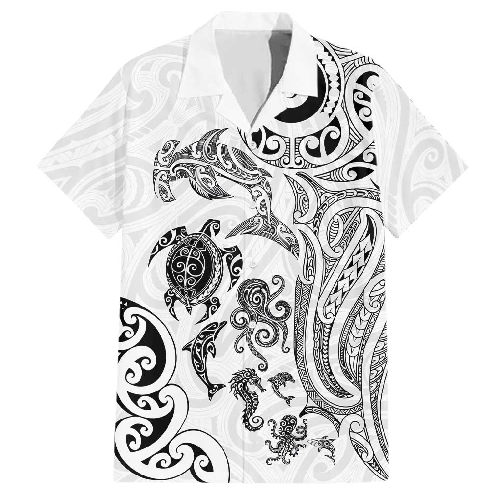 New Zealand Sea Animals with Maori Tribal Tattoo Family Matching Off The Shoulder Long Sleeve Dress and Hawaiian Shirt White Color LT03 Dad's Shirt - Short Sleeve White - Polynesian Pride