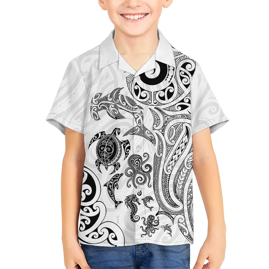 New Zealand Sea Animals with Maori Tribal Tattoo Family Matching Off Shoulder Maxi Dress and Hawaiian Shirt White Color LT03 Son's Shirt White - Polynesian Pride