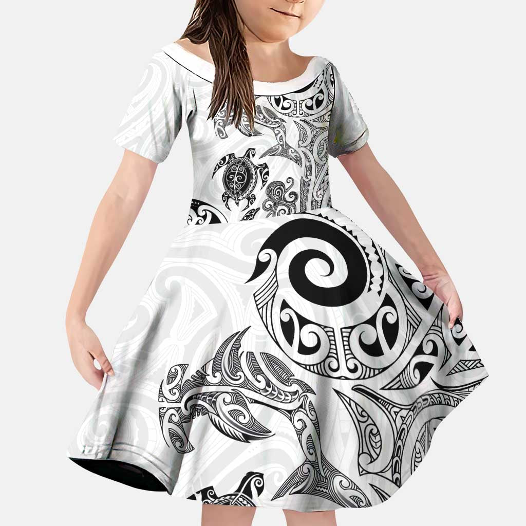 New Zealand Sea Animals with Maori Tribal Tattoo Family Matching Summer Maxi Dress and Hawaiian Shirt White Color LT03 Daughter's Dress White - Polynesian Pride