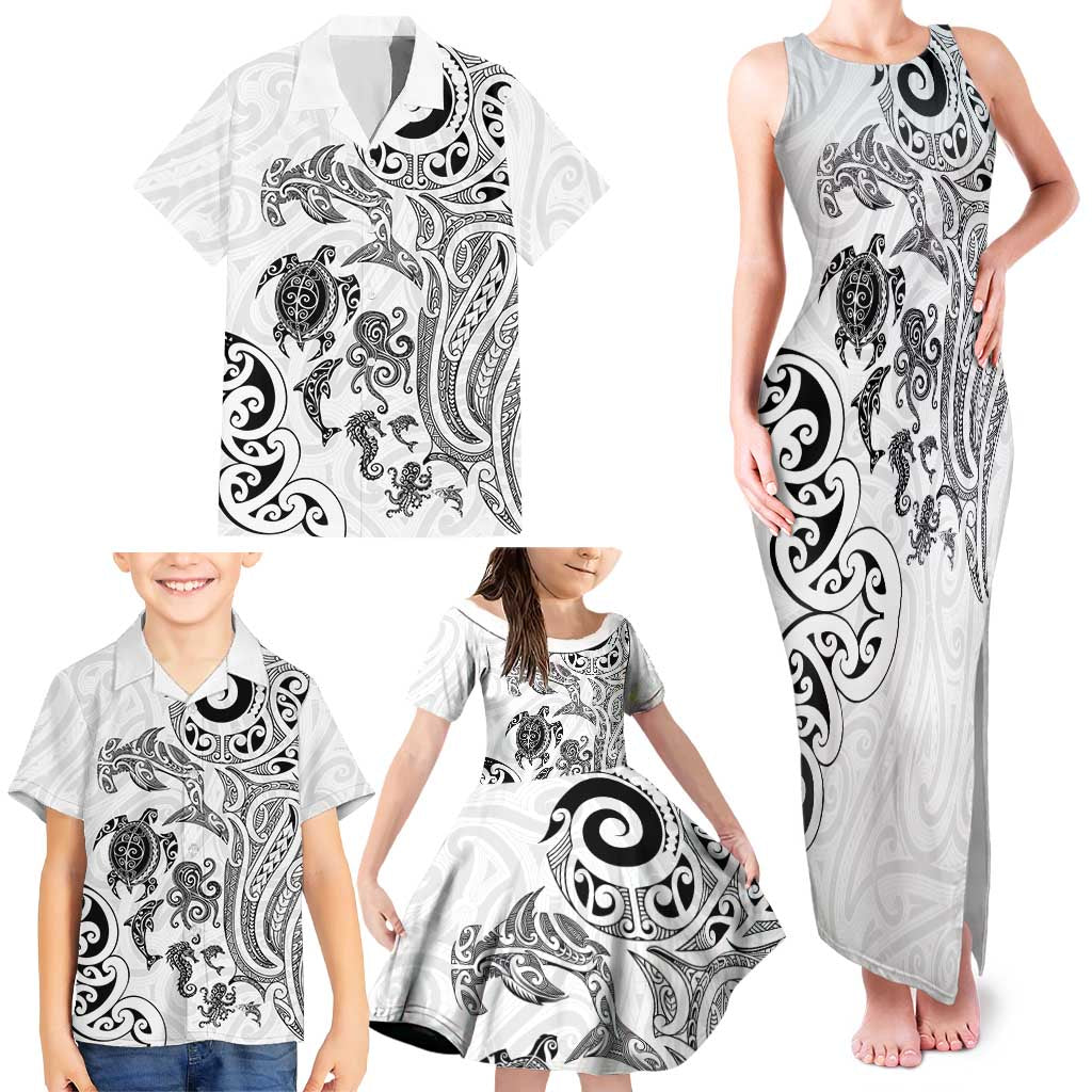 New Zealand Sea Animals with Maori Tribal Tattoo Family Matching Tank Maxi Dress and Hawaiian Shirt White Color LT03 - Polynesian Pride
