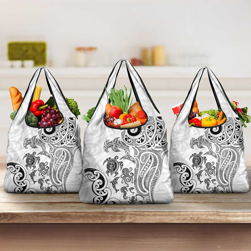 New Zealand Sea Animals with Maori Tribal Tattoo Grocery Bag White Color LT03 3-pack One Size White - Polynesian Pride