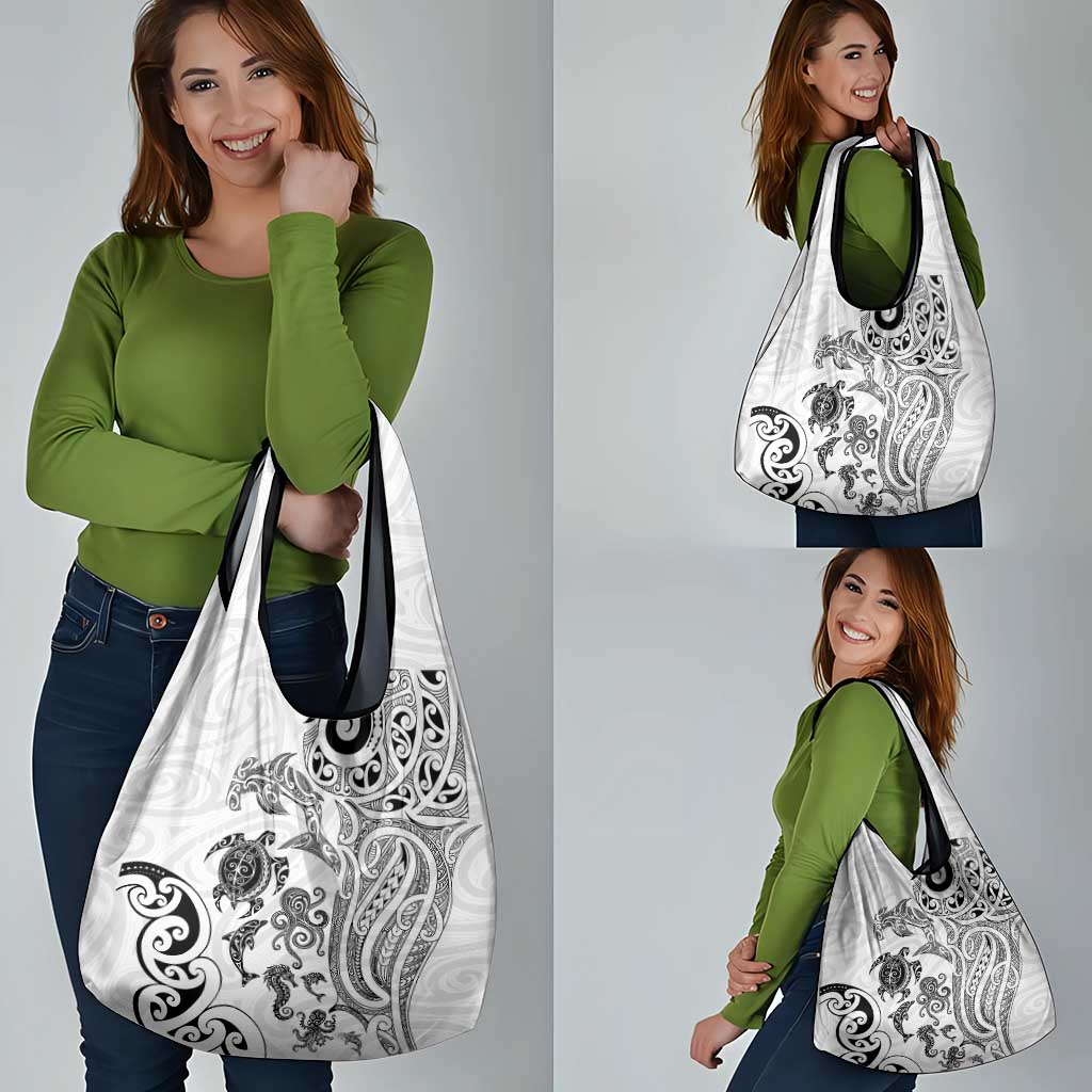 New Zealand Sea Animals with Maori Tribal Tattoo Grocery Bag White Color LT03 - Polynesian Pride