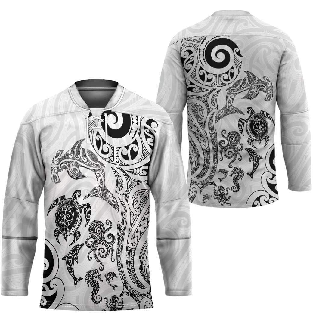 New Zealand Sea Animals with Maori Tribal Tattoo Hockey Jersey White Color LT03 - Polynesian Pride