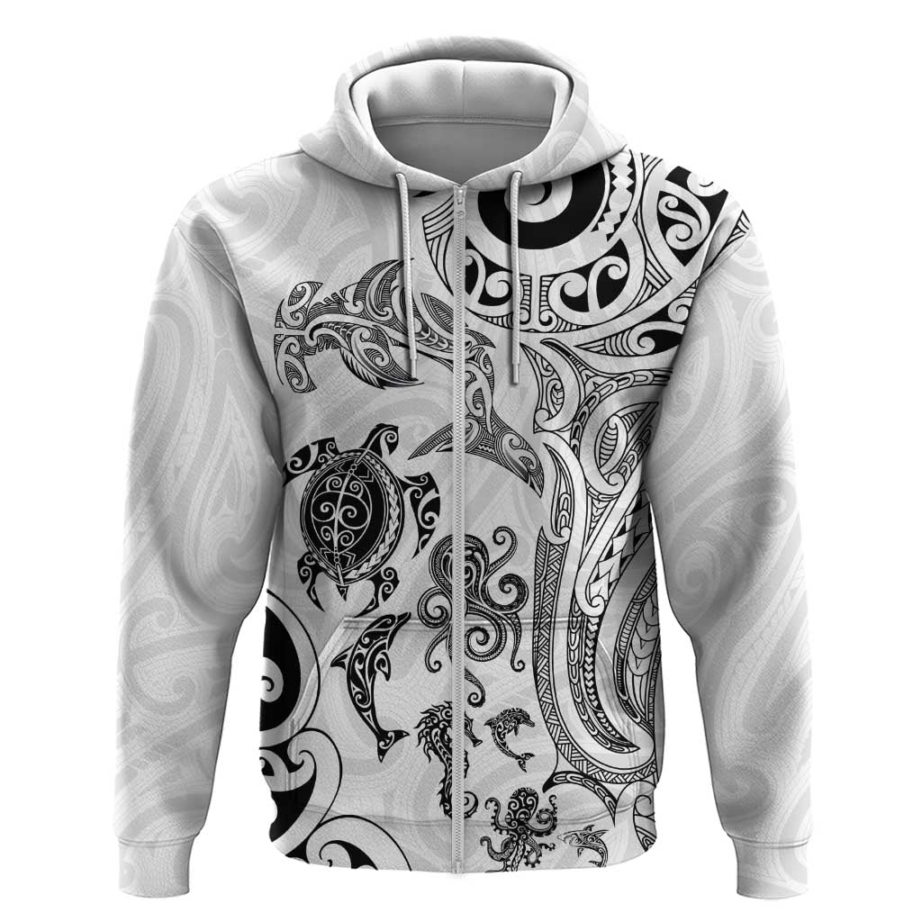 New Zealand Sea Animals with Maori Tribal Tattoo Hoodie White Color LT03 Zip Hoodie White - Polynesian Pride