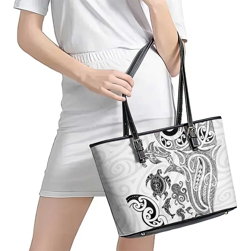 New Zealand Sea Animals with Maori Tribal Tattoo Leather Tote Bag White Color LT03 - Polynesian Pride