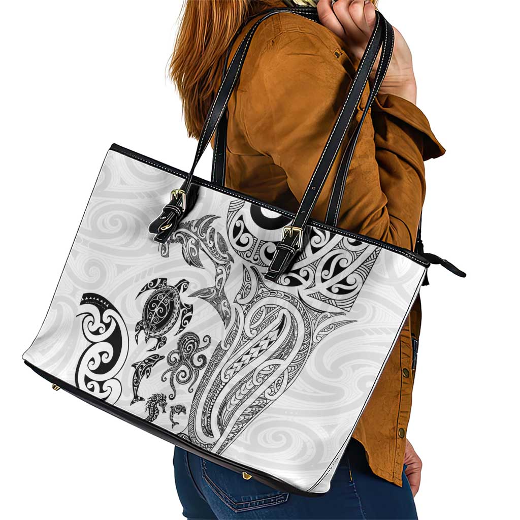 New Zealand Sea Animals with Maori Tribal Tattoo Leather Tote Bag White Color LT03 - Polynesian Pride
