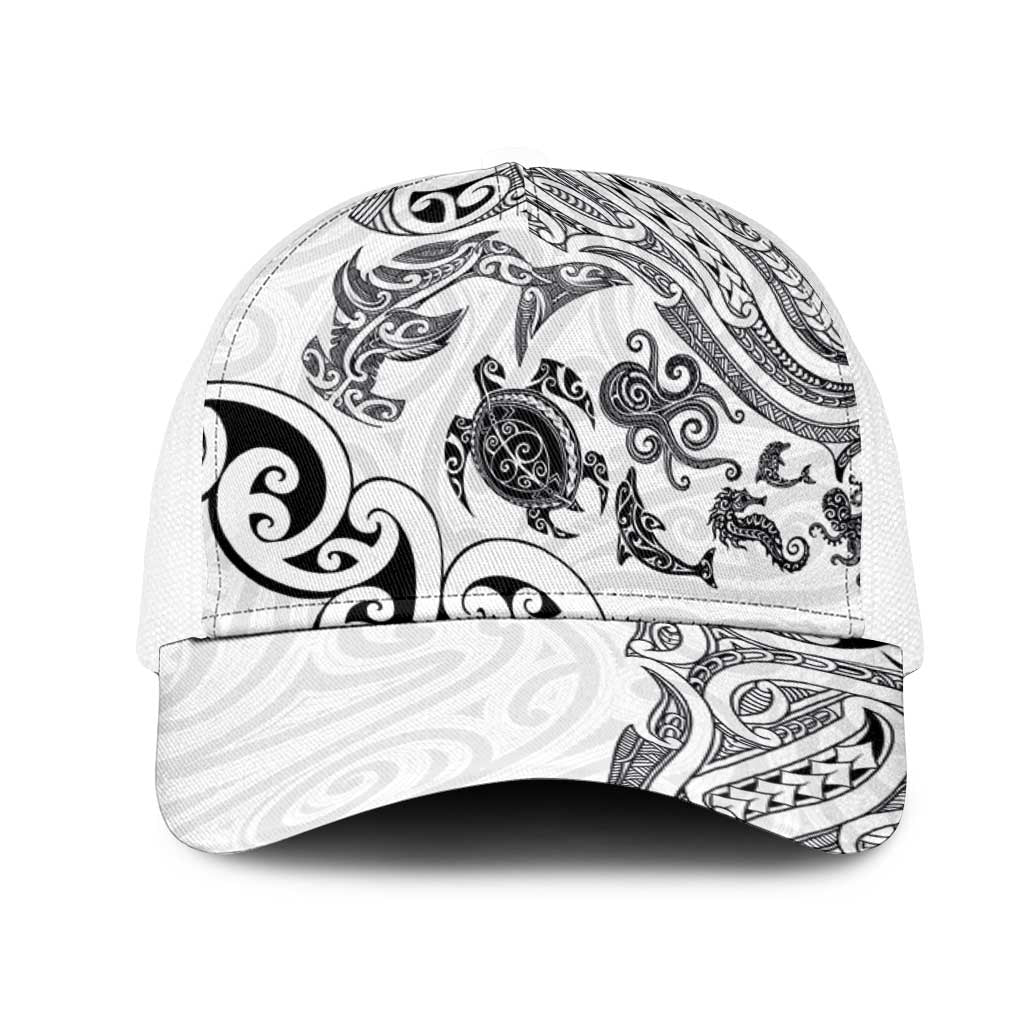 New Zealand Sea Animals with Maori Tribal Tattoo Mesh Trucker Cap White Color