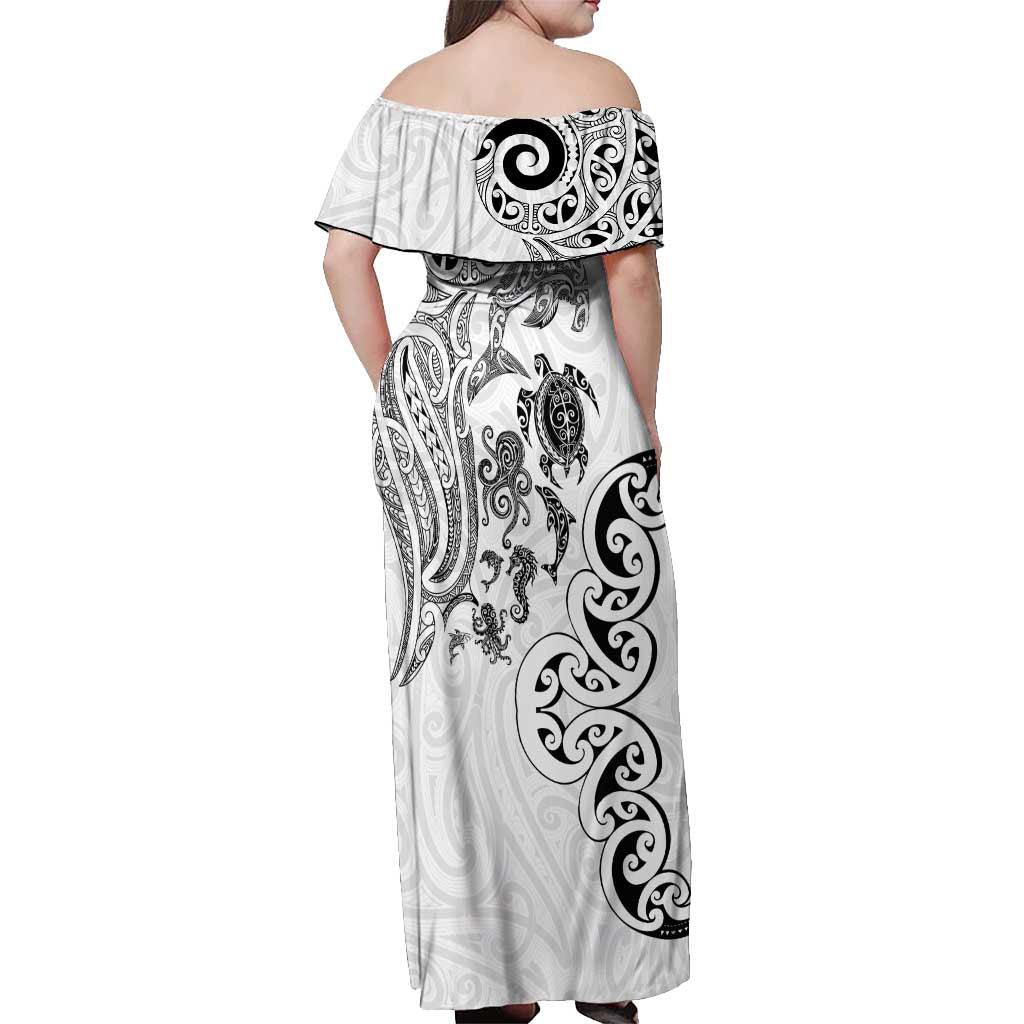 New Zealand Sea Animals with Maori Tribal Tattoo Off Shoulder Maxi Dress White Color LT03 - Polynesian Pride