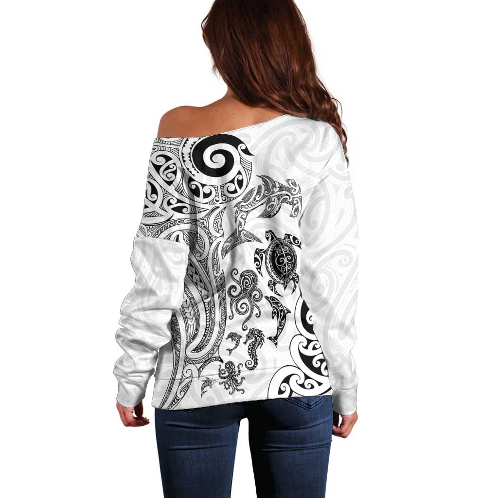 New Zealand Sea Animals with Maori Tribal Tattoo Off Shoulder Sweater White Color LT03 - Polynesian Pride