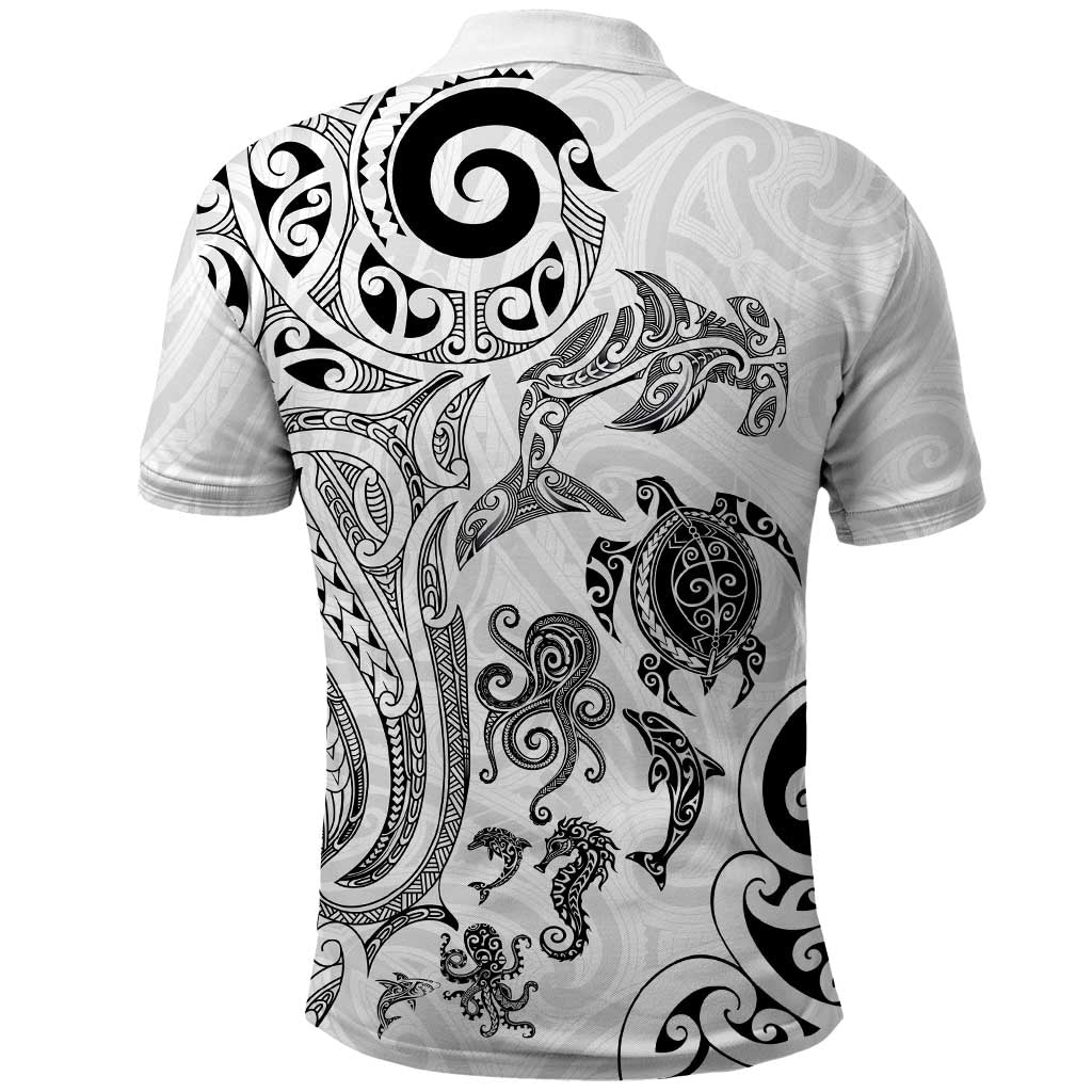 New Zealand Sea Animals with Maori Tribal Tattoo Polo Shirt White Color LT03 - Polynesian Pride