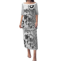 New Zealand Sea Animals with Maori Tribal Tattoo Puletasi White Color LT03 Long Dress White - Polynesian Pride