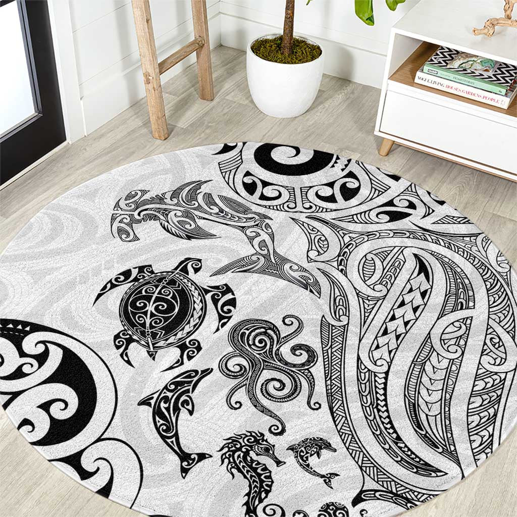 New Zealand Sea Animals with Maori Tribal Tattoo Round Carpet White Color LT03 White - Polynesian Pride