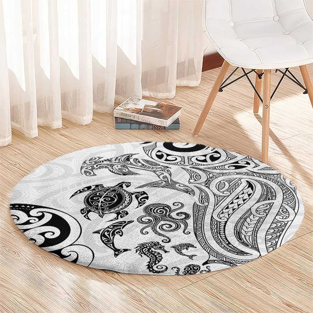 New Zealand Sea Animals with Maori Tribal Tattoo Round Carpet White Color LT03 - Polynesian Pride
