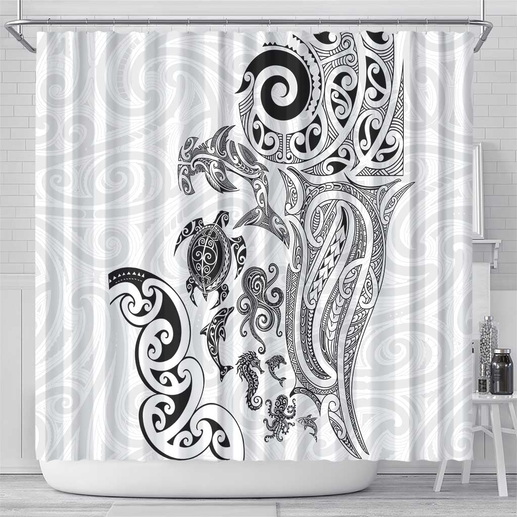 New Zealand Sea Animals with Maori Tribal Tattoo Shower Curtain White Color LT03 - Polynesian Pride