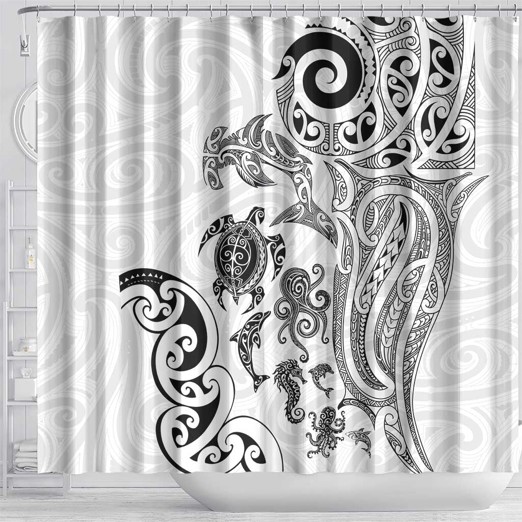 New Zealand Sea Animals with Maori Tribal Tattoo Shower Curtain White Color LT03 - Polynesian Pride