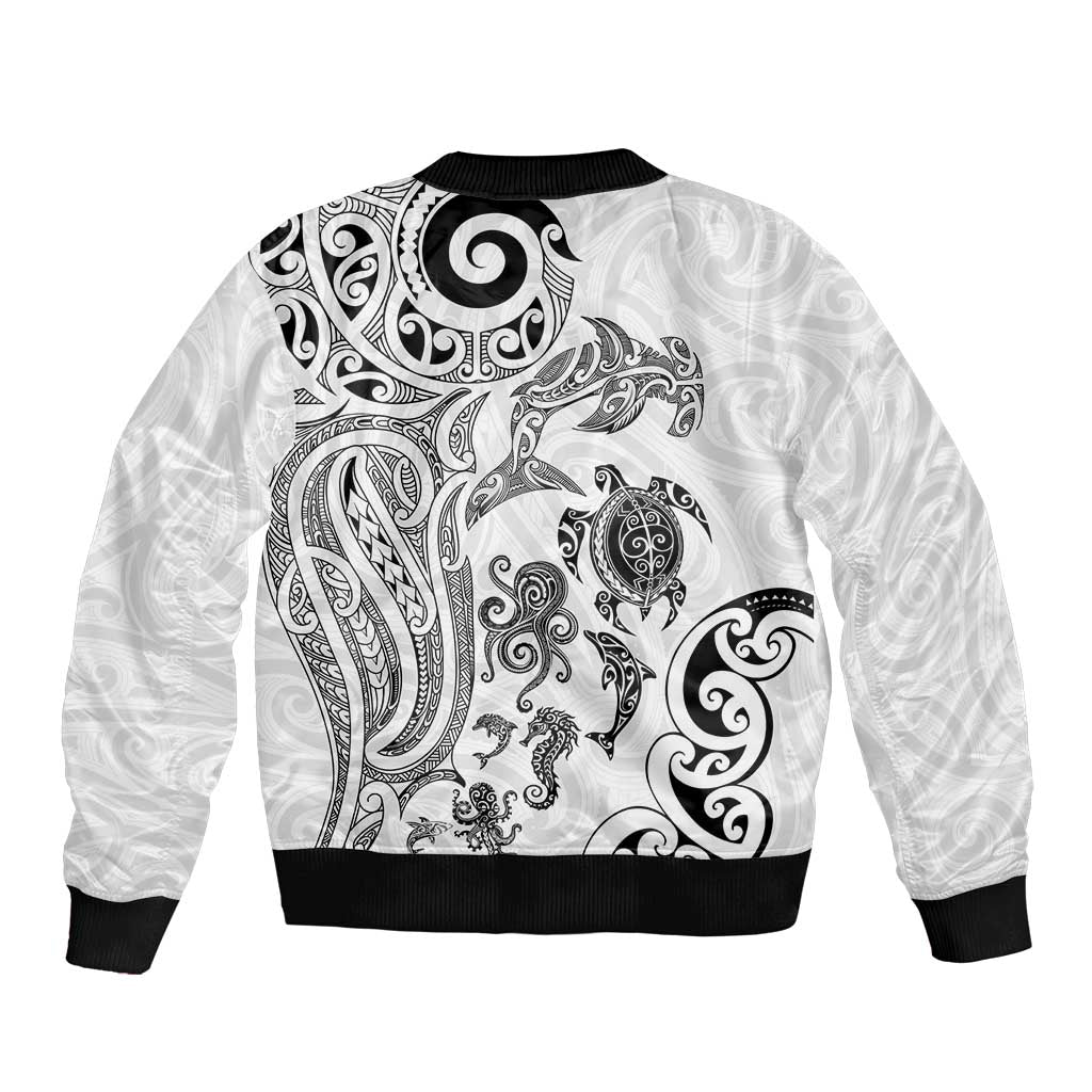 New Zealand Sea Animals with Maori Tribal Tattoo Sleeve Zip Bomber Jacket White Color LT03 - Polynesian Pride