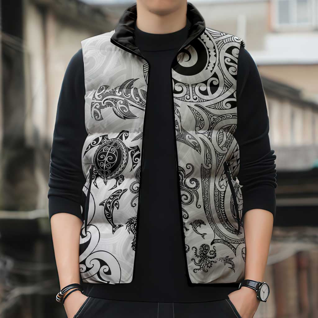 New Zealand Sea Animals with Maori Tribal Tattoo Sleeveless Puffer Jacket White Color LT03 - Polynesian Pride