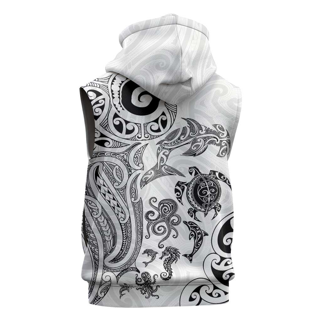 New Zealand Sea Animals with Maori Tribal Tattoo Sleeveless Zip Hoodie White Color LT03 - Polynesian Pride