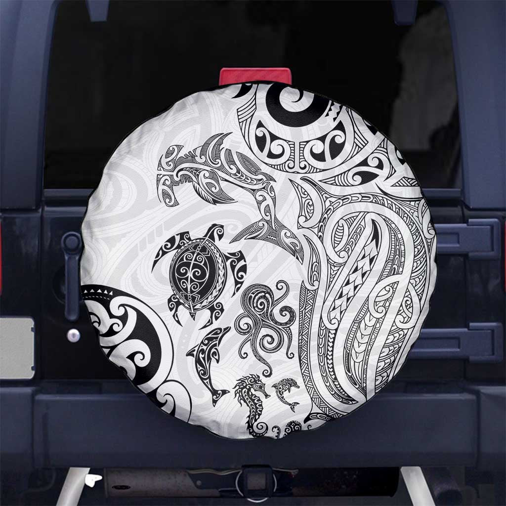 New Zealand Sea Animals with Maori Tribal Tattoo Spare Tire Cover White Color