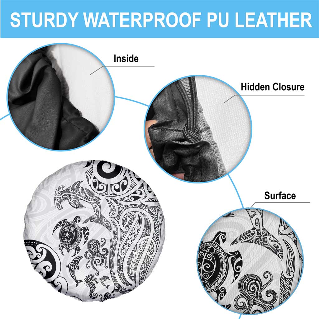 New Zealand Sea Animals with Maori Tribal Tattoo Spare Tire Cover White Color LT03 - Polynesian Pride